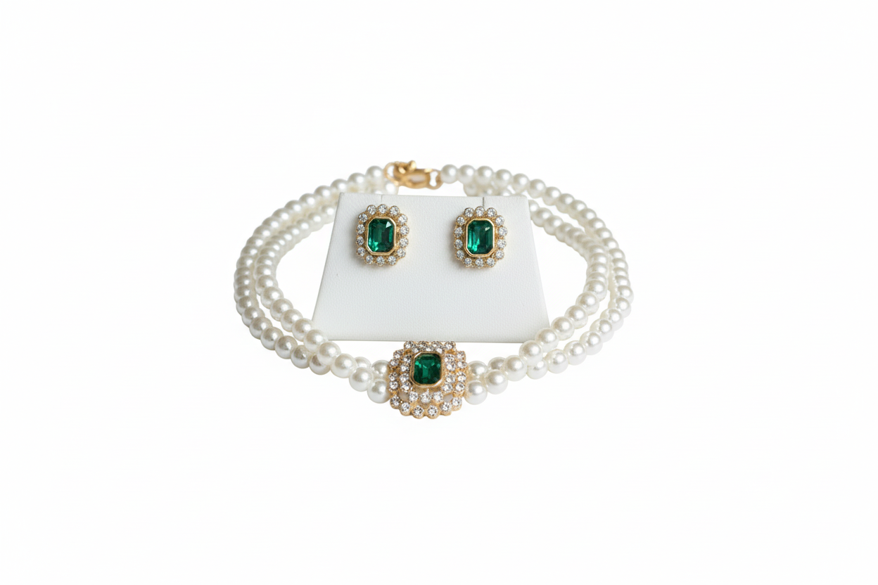 Parure émeraude et perles sur fond blanc vue 1
