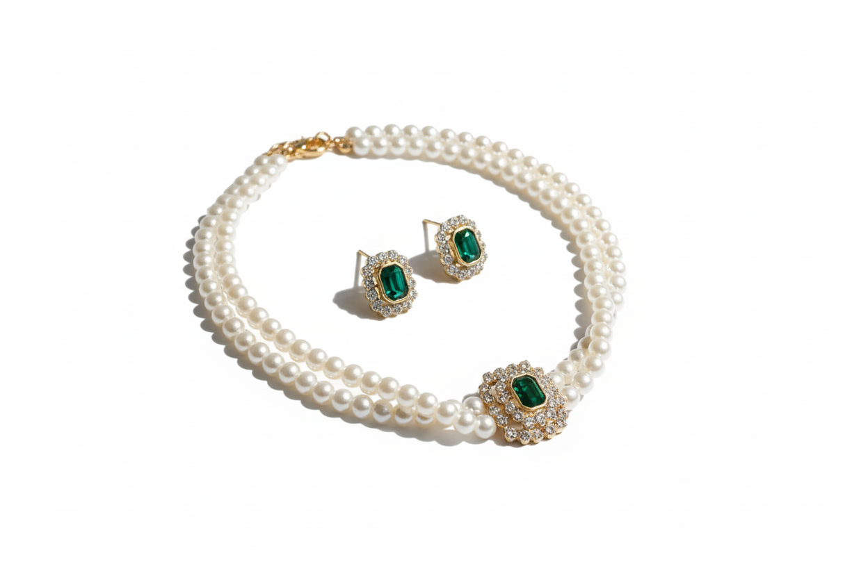 Parure émeraude et perles sur fond blanc vue 2