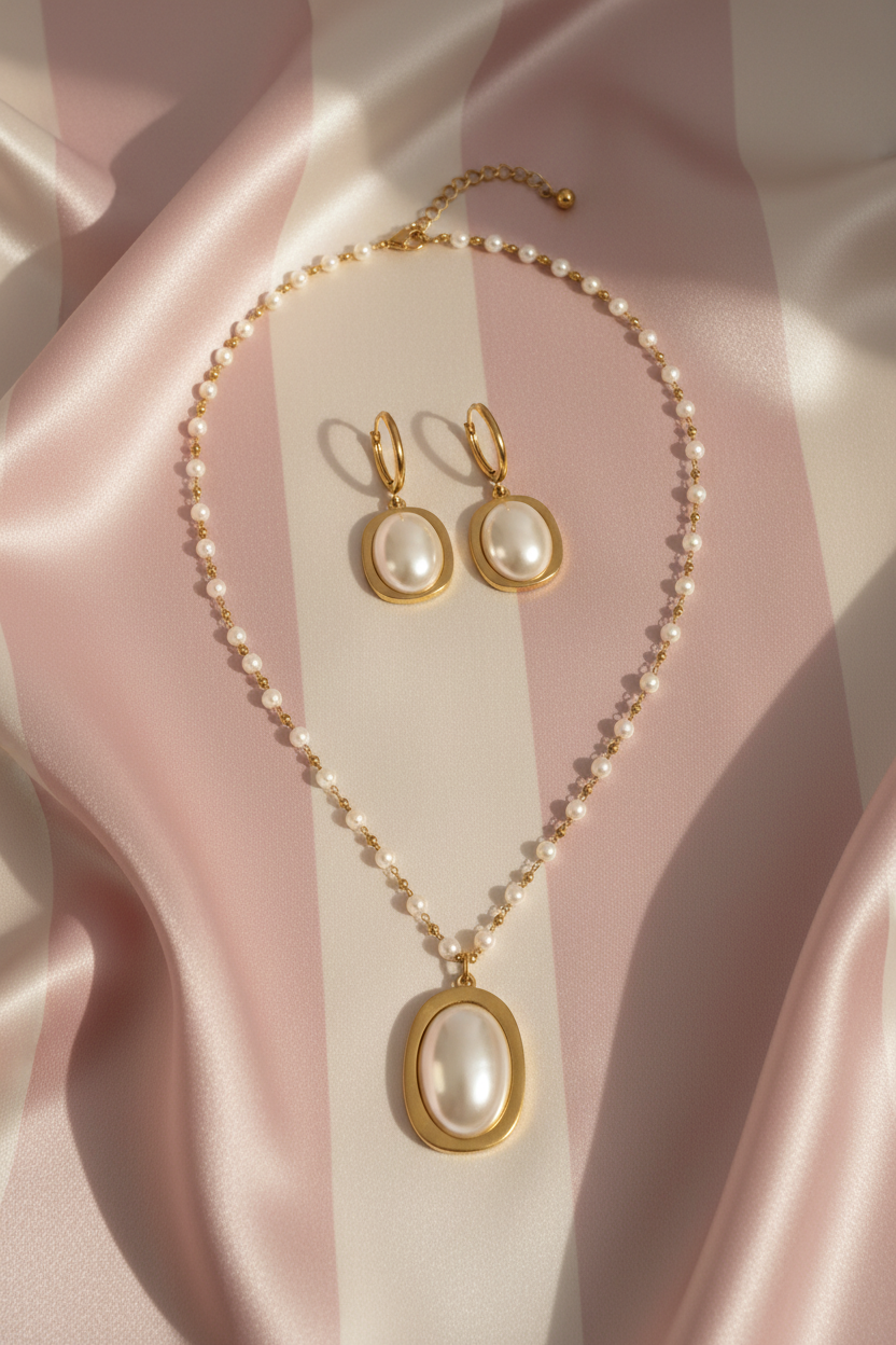 Parure perles flat lay fond rayures