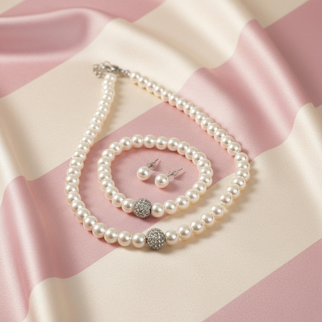 Parure perles – fond satiné rayures rose poudre & crème