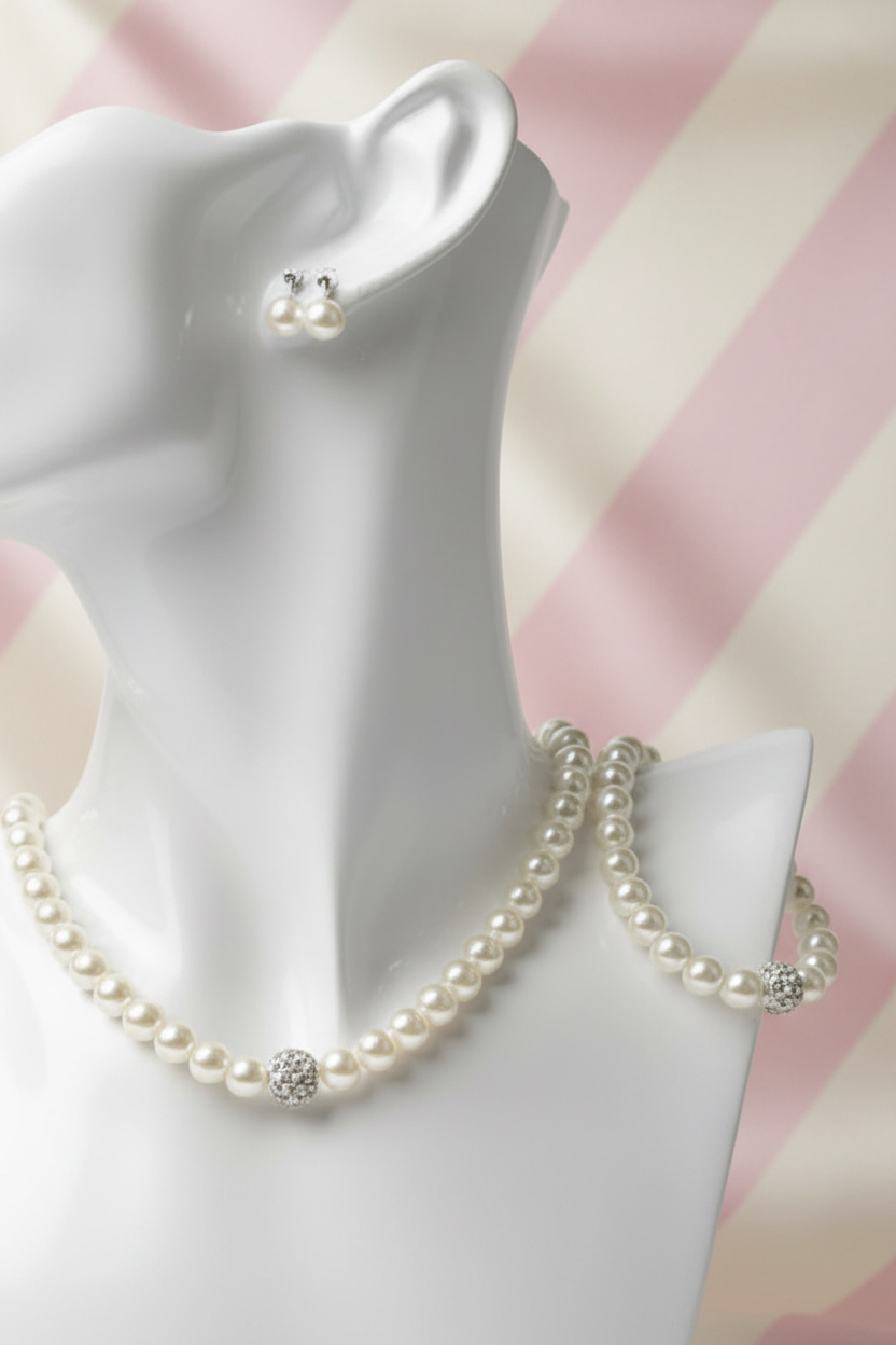 Parure perles sur buste – fond satiné rayures rose poudre & crème