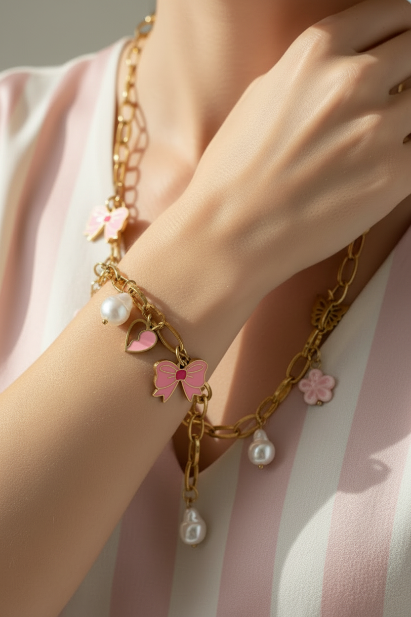 Parure portée — fond rayures rose poudrée & crème satinée