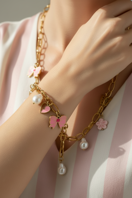 Parure portée — fond rayures rose poudrée & crème satinée