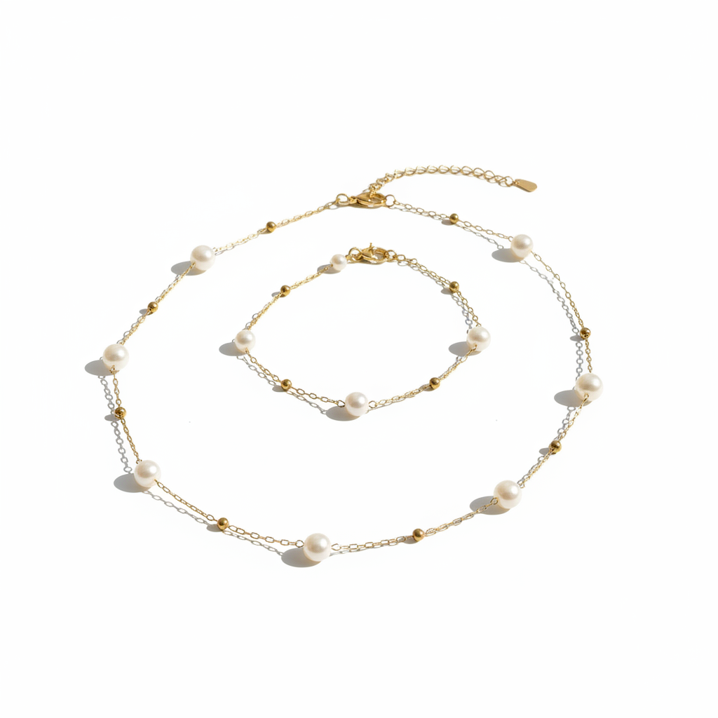 Parure raffinée collier et bracelet seuls sur fond blanc