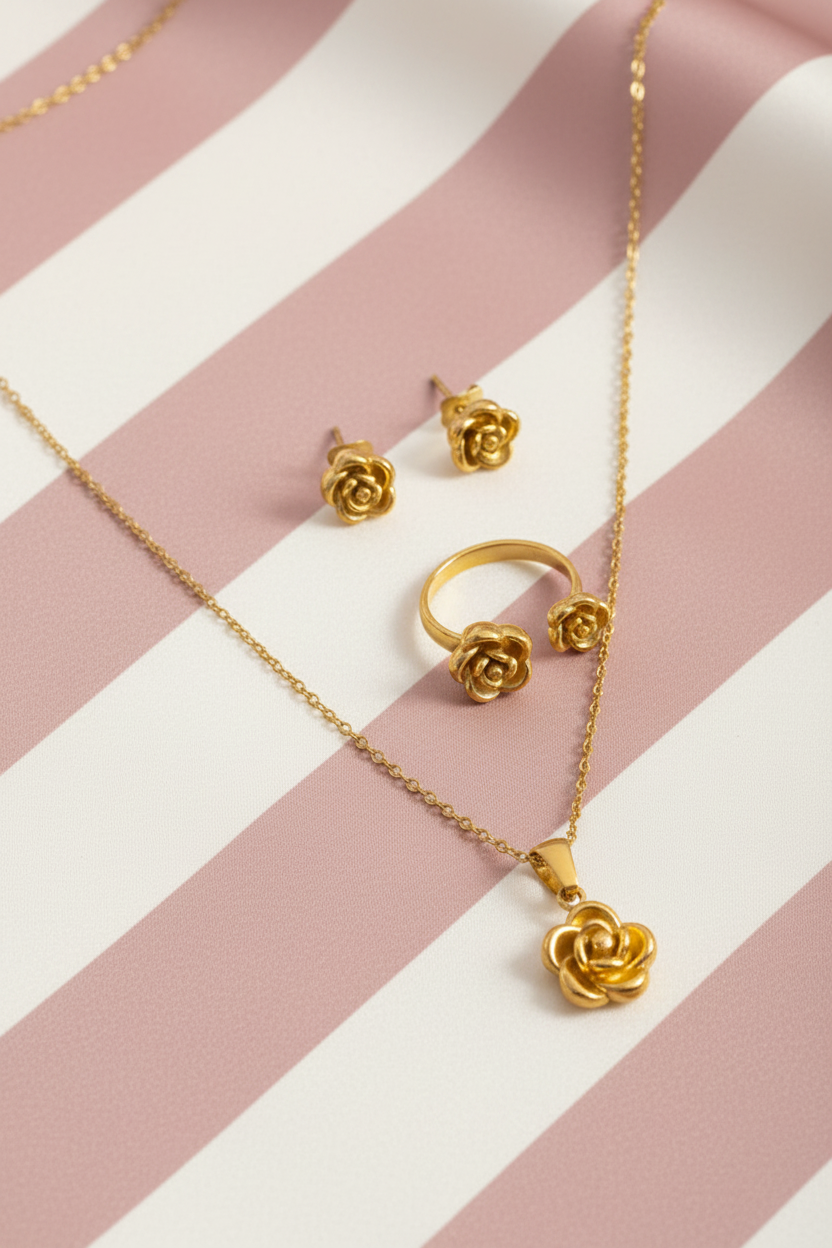 Parure roses dorées — fond rayures rose poudre et crème satiné