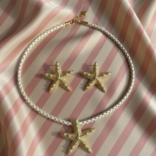 Parure étoile de mer - fond rayures rose et crème