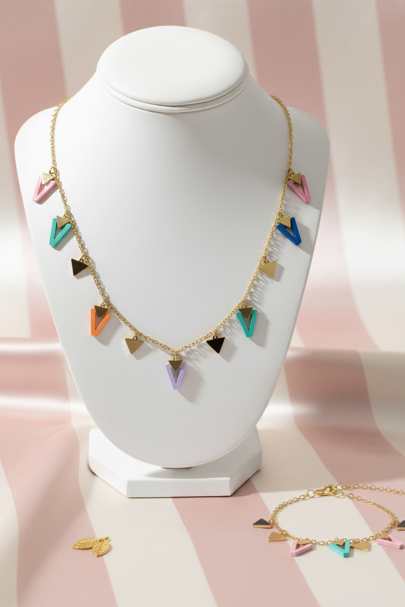 Parure triangles multicolores sur buste - fond satiné