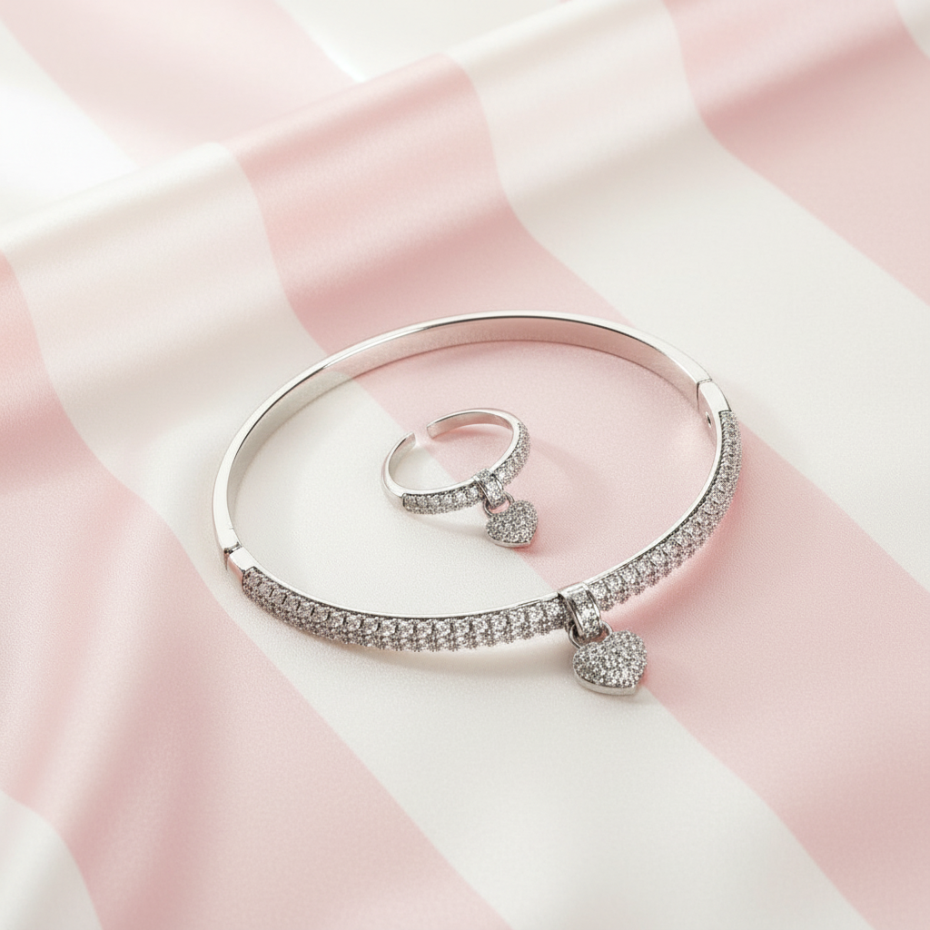 Set cœur argenté - fond rayé rose satiné 1