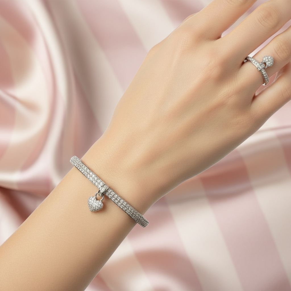 Set cœur argenté - fond rayé rose satiné 2