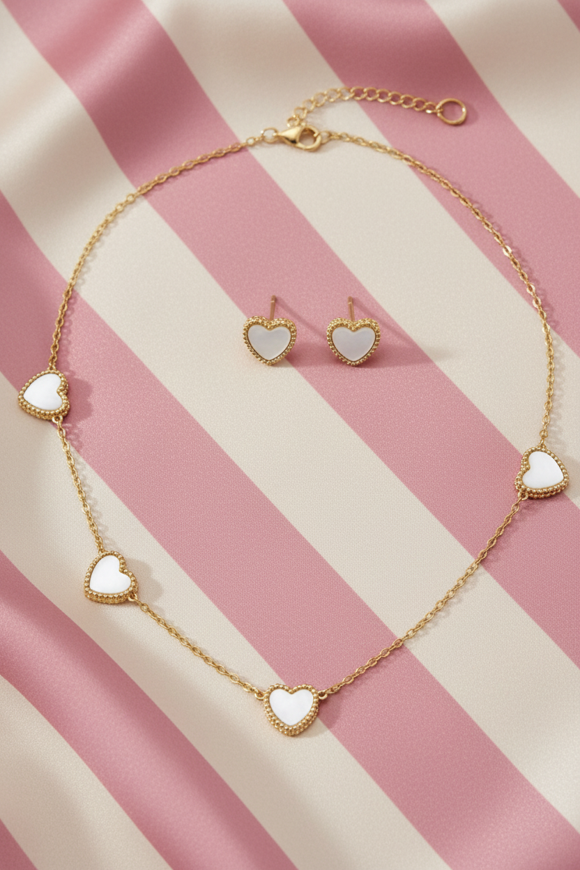 Set cœurs nacre - détail - fond rayé rose crème