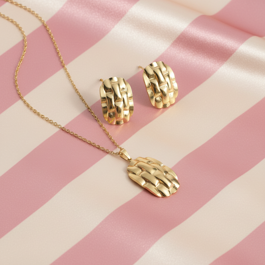Set collier & boucles tressé or - fond rayé rose crème