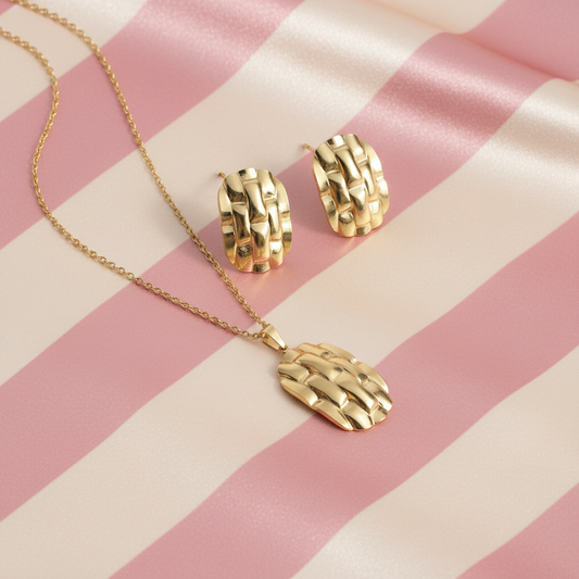 Set collier & boucles tressé or - fond rayé rose crème