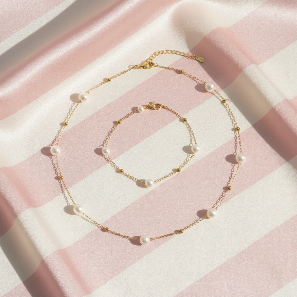 Set collier bracelet perles - flat lay - fond rayé rose crème