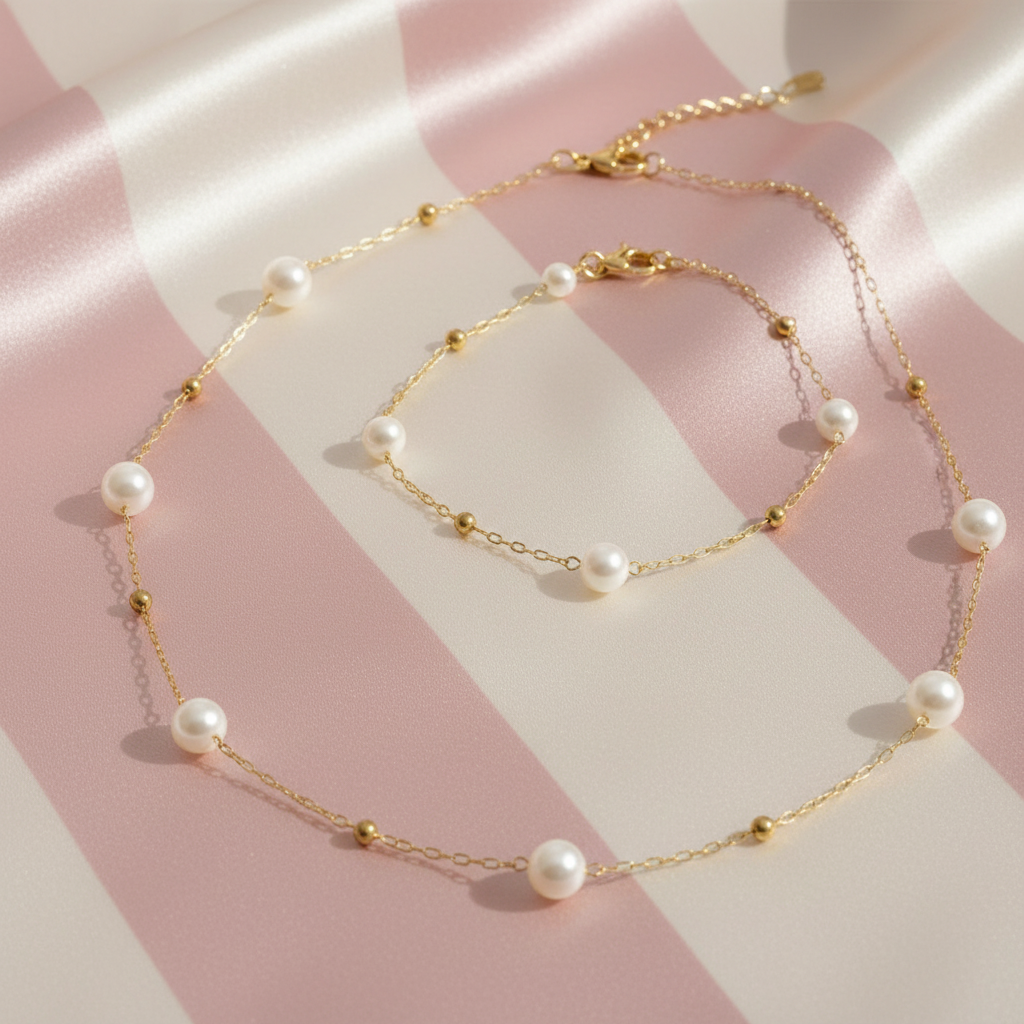Set collier bracelet perles - gros plan - fond rayé rose crème