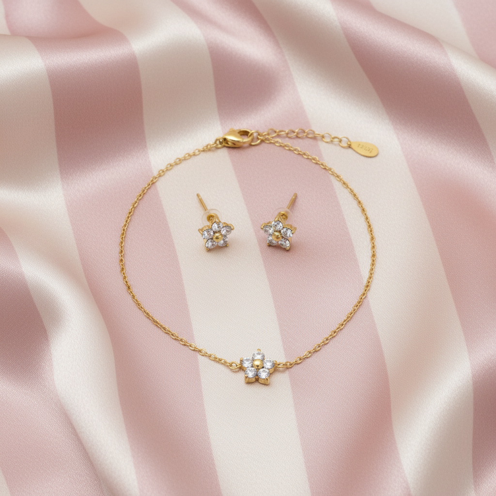 Set fleur cristal vue large – fond rayé satiné