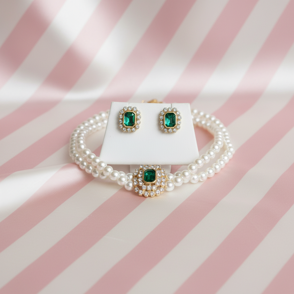 Set perles émeraude - présentoir - fond rayé rose crème