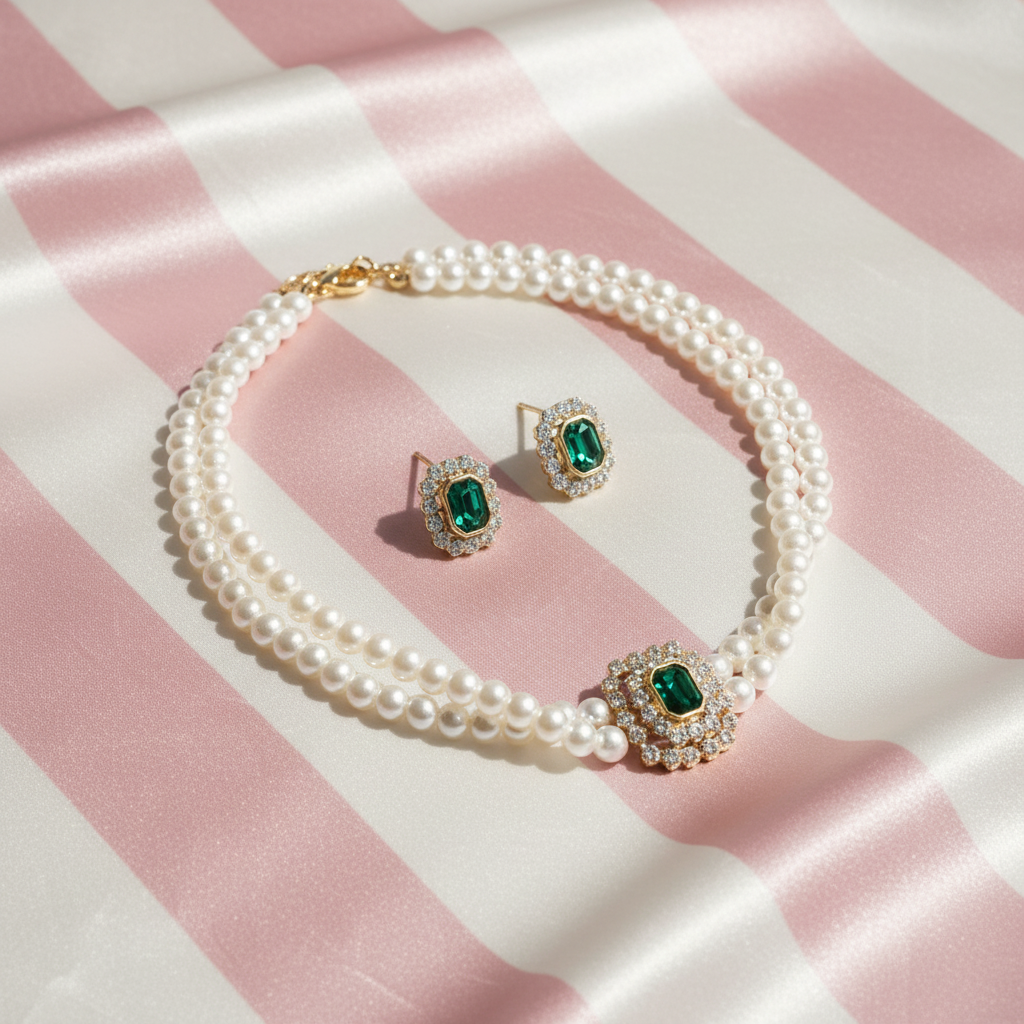 Set perles émeraude - vue complète - fond rayé rose crème