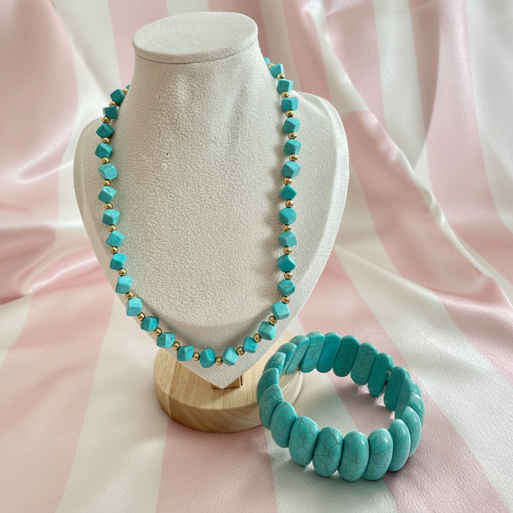 Set turquoise buste - fond rose poudre