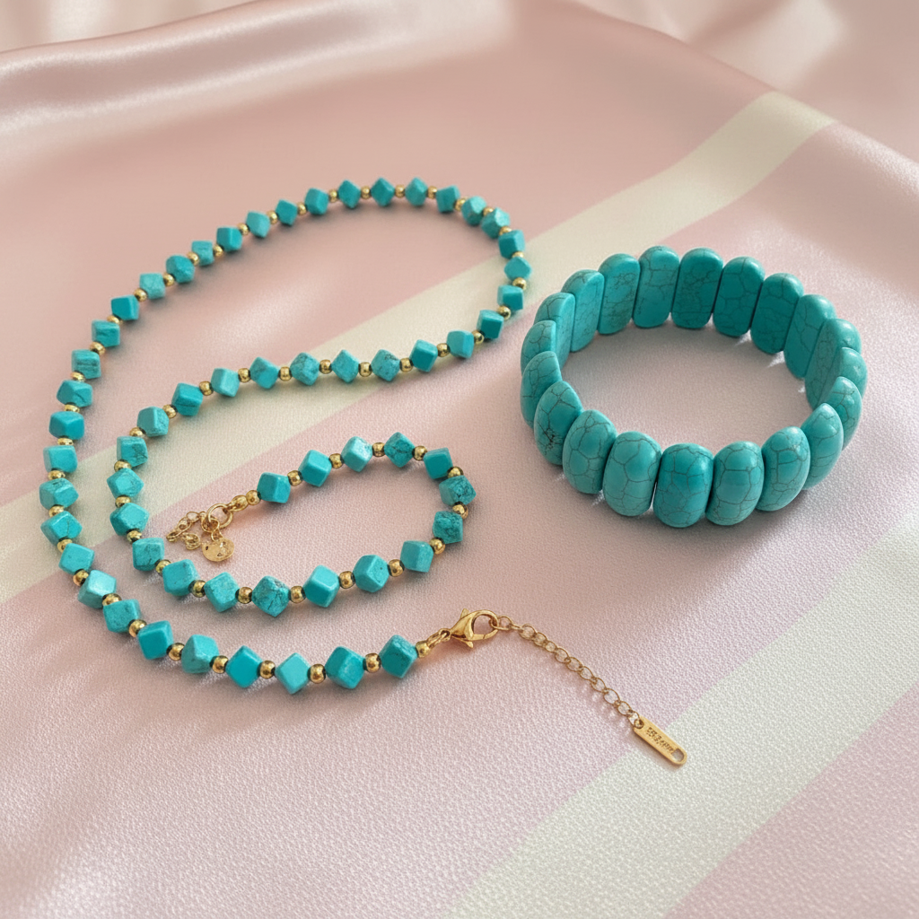 Set turquoise flat lay - fond rose poudre
